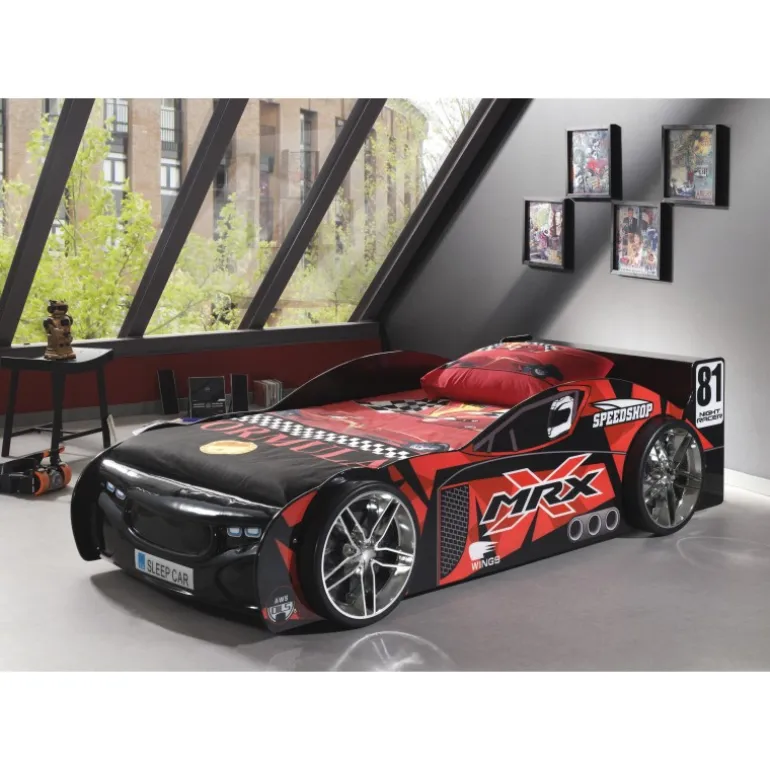 Bilseng 90 x 200 cm – MRX, sort/rød, med lamelbund