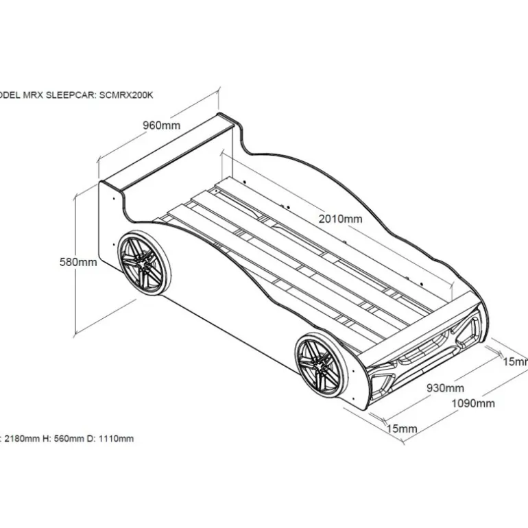 Bilseng 90 x 200 cm – MRX, sort/rød, med lamelbund