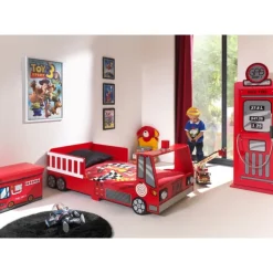Børneseng brandbil 70 x 140 cm – rød MDF med LED