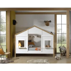 Børneseng husform 90x200 – Babs, hvid/natur