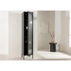 Cali Vitrineskab 37 x 180 cm med 1 låge og 4 hylder - glas og sort stål