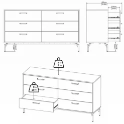 Dana dobbeltkommode med 6 skuffer - mat sort, 138 x 39 x 76,6 cm