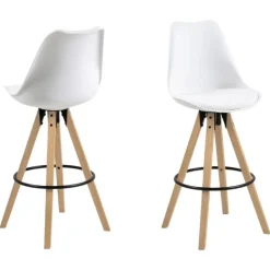 Dima barstol hvid læderlook - m. ben i gummitræ bejdset med egetræslook