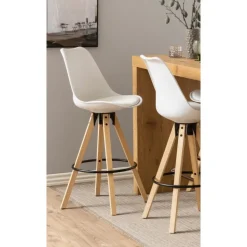 Dima barstol hvid læderlook - m. ben i gummitræ bejdset med egetræslook