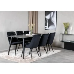 Dipp t Spisebordssæt 180 x 90 med 6 velour spisebordstole - Sort