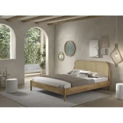 Dobbeltseng i eg med rattan – Olive 180 x 200 cm inkl. 2 natborde