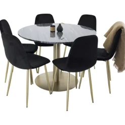 Estelle Rundt marmor Spisebordssæt Ø106 Sort og Messing Med 6 Polar Spisestole