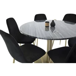 Estelle Rundt marmor Spisebordssæt Ø106 Sort og Messing Med 6 Polar Spisestole