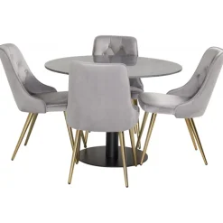 Estelle Rundt Spisebordssæt - Sort, Messing og Lysegrå