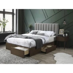 GORASHI 160x200 seng med skuffer - Grå Stof og Valnødtræ