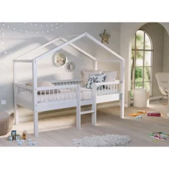 Halvhøj husseng med stige 90 × 200 cm – Forrest Bøg, hvid