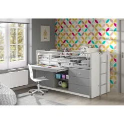 Halvhøj seng 90x200 med skrivebord – Bonny, grå