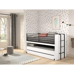 Halvhøj seng 90x200 med udtræksskrivebord – Sam, hvid/sort