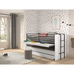 Halvhøj seng 90x200 med udtræksskrivebord – Sam, hvid/sort