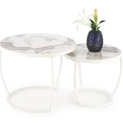INES sofabordsæt - Beige marmor / Hvid