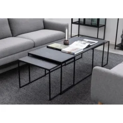 Infinity rektangulær sofabordsæt 120x60 - sort melamin med marmorprint og sort metal