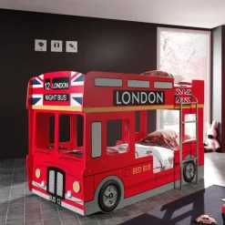 Køjeseng til børn – London bus, 90 × 200 cm, rød