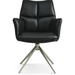 Lily Spisestuestol med Drejefunktion- med armlæn - Krom stel - Sort læder