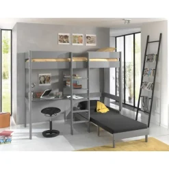 Loftseng med skrivebord og sovesofa – Pino 90 × 200 cm, grå