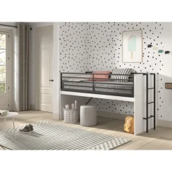 Loftseng til børn 90x200 – Sam halvhøj seng, hvid/sort