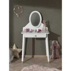 Makeupbord Billy – hvid satin med spejl og skuffe