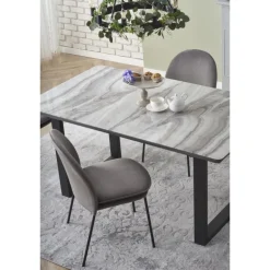 MARLEY Spisebord med udtræk, - top - Hvid marmor / Grå, ben - Sort