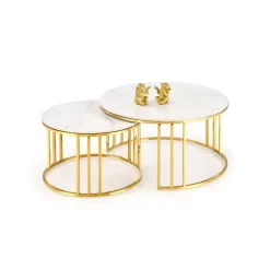 MERCURY 3 sæt af 2 sofaborde, Hvid marmor / guld