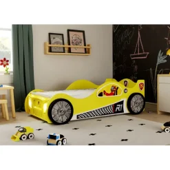 Monza Racer Gul børneseng med Madras - 90 x 190 cm