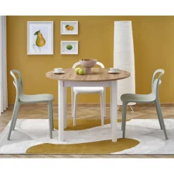 RINGO Rundt spisebord med udtræk 102cm udvides til 142cm - Håndværk eg og Hvid