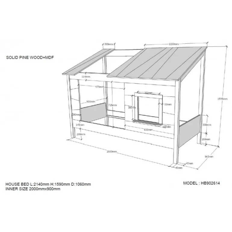 Seng med hustag 90 x 200 cm – hvid