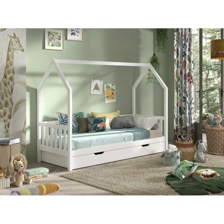 Seng med hustag Cabane 90×200 cm – Hvid (inkl. skuffe)