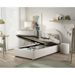 Seng med opbevaring 90 x 200 cm – Moon, hvid bouclé