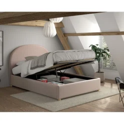 Seng med opbevaring Moon 140 x 200 cm – lyserød bouclé
