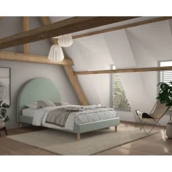 Seng med sengegavl 140 x 200 – Moon i olivengrøn bouclé