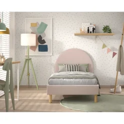 Seng 90x200 cm Moon – lyserød bouclé med rund sengegavl