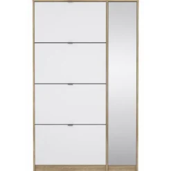 Shoes Skoskab 4 klaplåger m/2 rum + 1 spejllåge - Ege struktur og hvid højglans