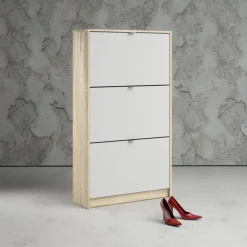 Shoes Skoskab 3 klaplåger m. 2 rum - Ege struktur/Hvid