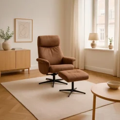 Tristan lænestol med fodskammel - Almond Bull microfiber læder