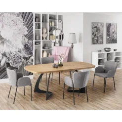 VELDON Spisebord med udtræk, - top - Natur eg, ben - Sort